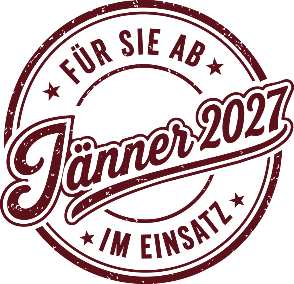 Grafisches Qualitätssiegel mit der Aufschrift „Für Sie ab Jänner 2027 im Einsatz“ von Tony’s Groundworks & Safety in Graz.