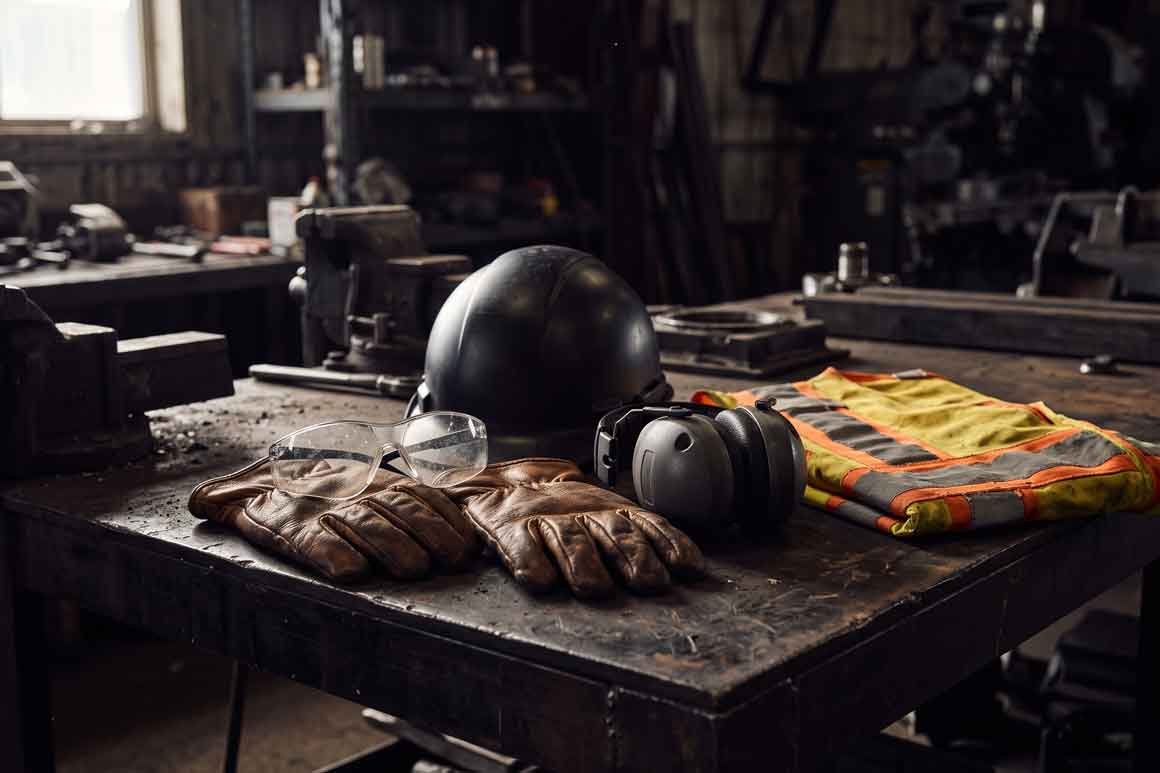 Schutzhelm und Arbeitshandschuhe als Symbol für professionellen Arbeitnehmerschutz in Graz und der Steiermark.